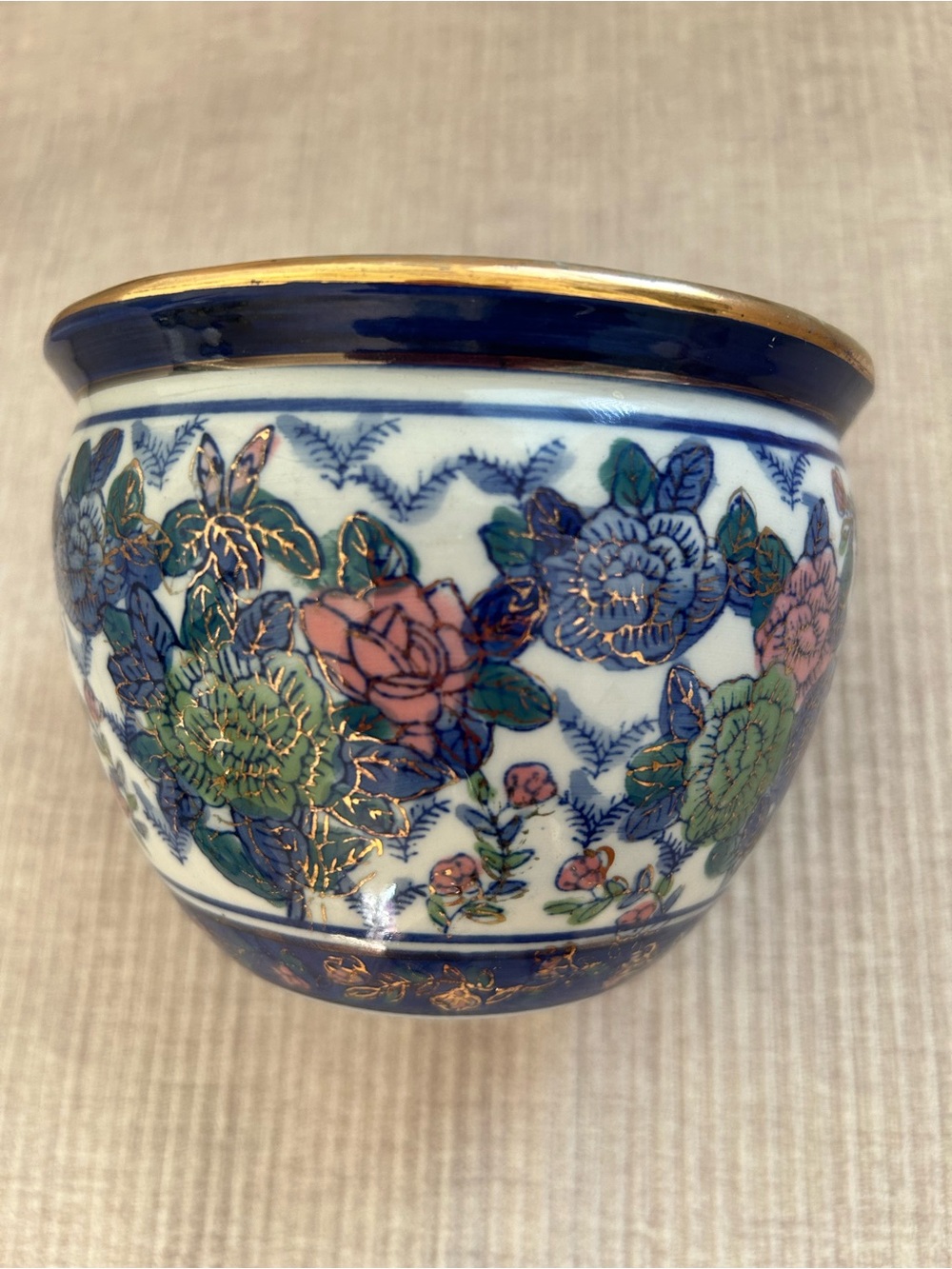 Hand-Painted Floral Porcelain Bowl Or Planter  with Gold Rim